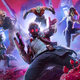 Star-Lord and the rest of his team slide into action on a planet covered in red rocks.